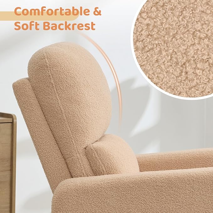 AEMEIOS Swivel Rocker Recliner, Oversized Manual Boucle Nursery Glider Rocking Recliner Chair with Removable Cushion, Upholstered Swivel Reclining Chair for Nursery Living Room Bedroom,Teddy Camel