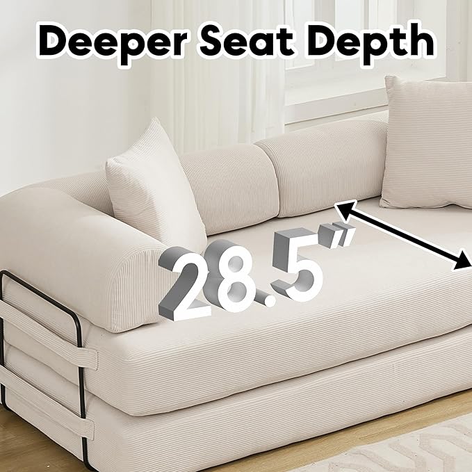 ZEIINPA Convertible Sleeper Sofa Bed with Cylindrical Pillow, Corduroy Folding Mattress Couch with Fixed-Shape Frame, Floor Sofa Lounge Couch for Living Room Bedroom Lounge Studio, Beige