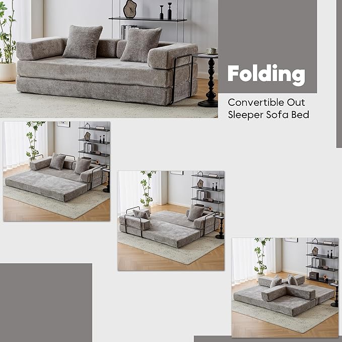ZEIINPA Convertible Floor Sofa Bed with Fixed-Shape Frame, Modular Chenille Folding Mattress Couch with Armrest, Floor Sofa Lounge Couch for Living Room Bedroom Lounge Studio,Light Grey