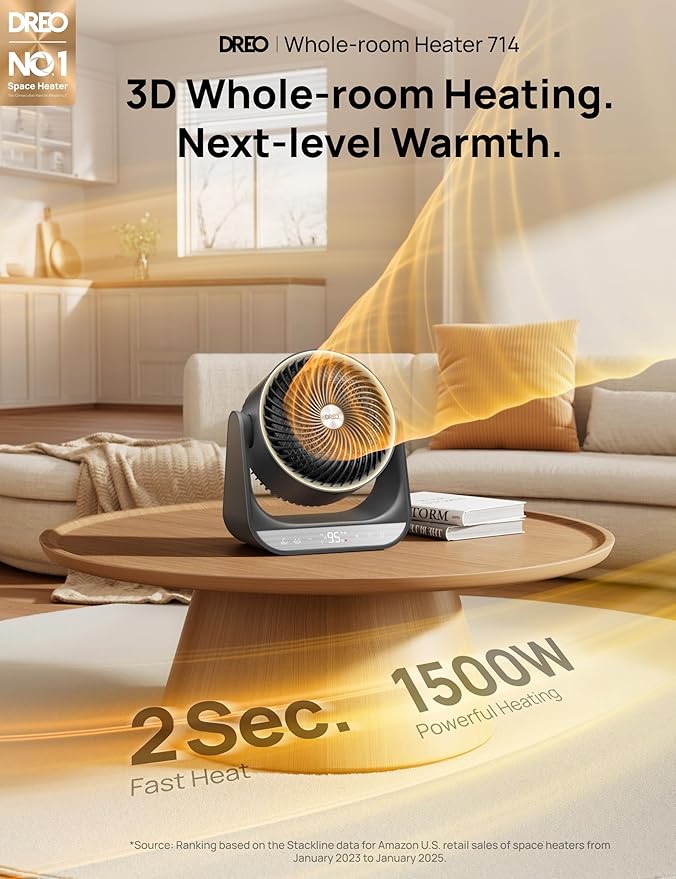 DREO 60° Vertical & 90° Horizontal 3D Oscillating Heating, 12 ft/s Long-Range Circulator, 3 Heat & 3 Fan Settings, Space Heaters for Indoor Use, Bedroom, Office, Grey