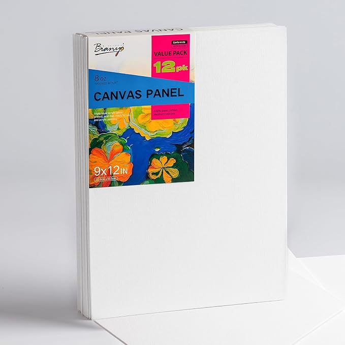 Bianyo 9x12 Inch Canvas Panels for Painting – 12 Pack, 100% Cotton, Triple Primed & Acid-Free, Art Boards for Acrylic & Oil Paints, Ideal for Artists, Students, Hobbyists & Beginners