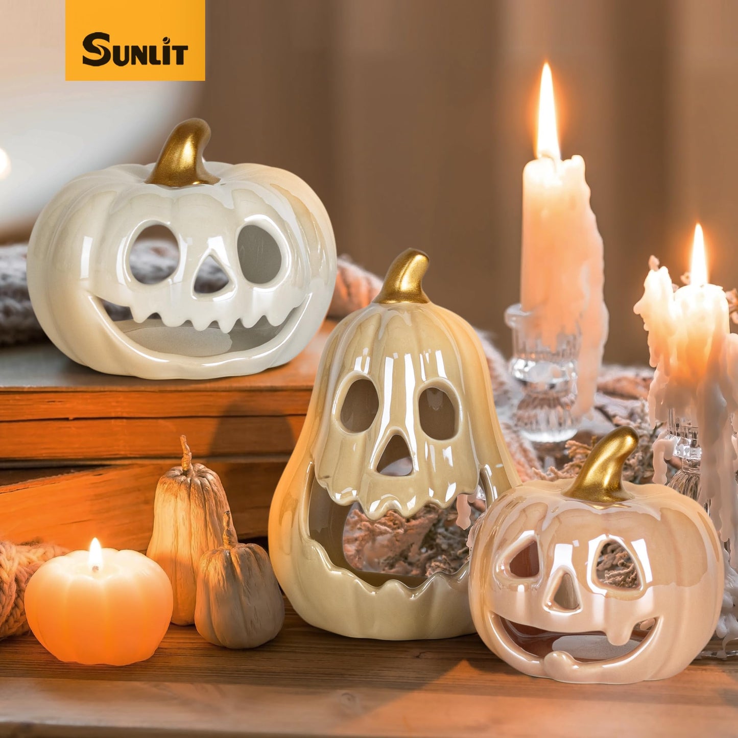 Sunlit Ceramic Pumpkin with 3 Tea Lights, Jack-O-Lantern Candle Holder Set of 3, Tabletop Indoor Halloween Decorations for Holiday Party Home, Pearl Finish