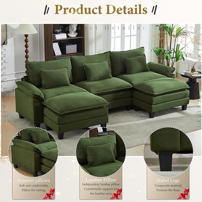 URRED Cloud Couch Modular Sectional Sofa, 122" Modern U Shaped Deep Seat Sofa with 2 Ottomans & Pillows, Ultra Comfy Corduroy Couches for Living Room, Bedroom or Apartment, Green