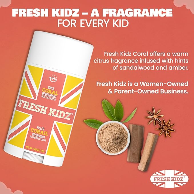 Fresh Kidz Deodorant Stick for Kids and Teens - Baking Soda and Aluminum-free 24 Hour Protection for Sensitive Skin - Girls "Coral", 2.65 oz / 75 g (2 Pack)