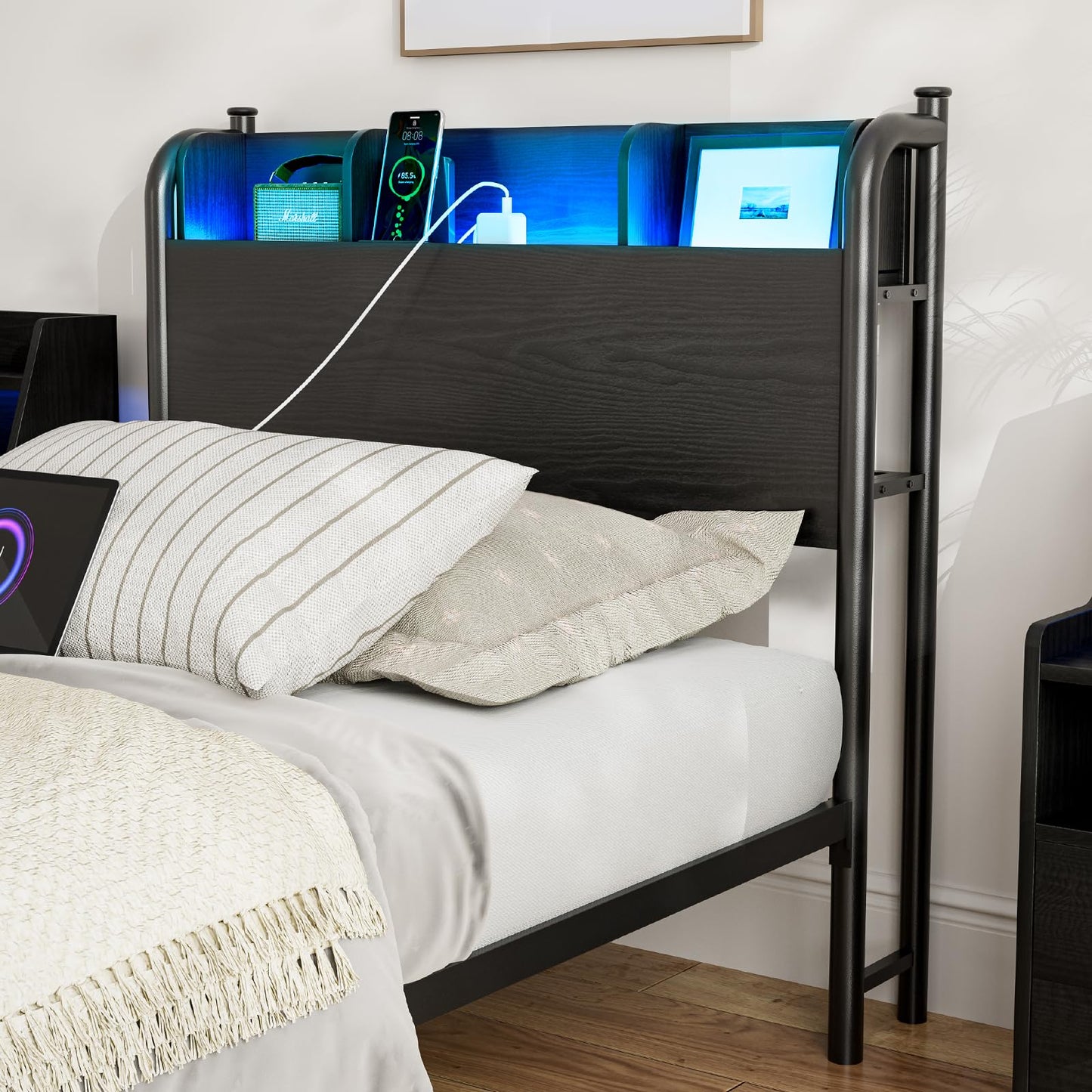 IKIFLY Twin XL Bed Frames with Storage Shelf Headboard & Charging Station, Heavy Duty Metal Twin XL Platform Bed with LED Lights, Under-Bed Storage, No Box Spring Needed, Noise Free, Black