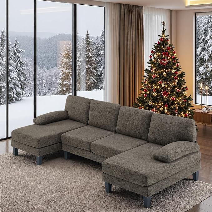 VINGLI 110' U-Shaped Sectional Couch with Two Chaise, Affordable Small Sofa with 4 Seats, Chenille Fabric Comfy Couches for Living Room, Dark Brown
