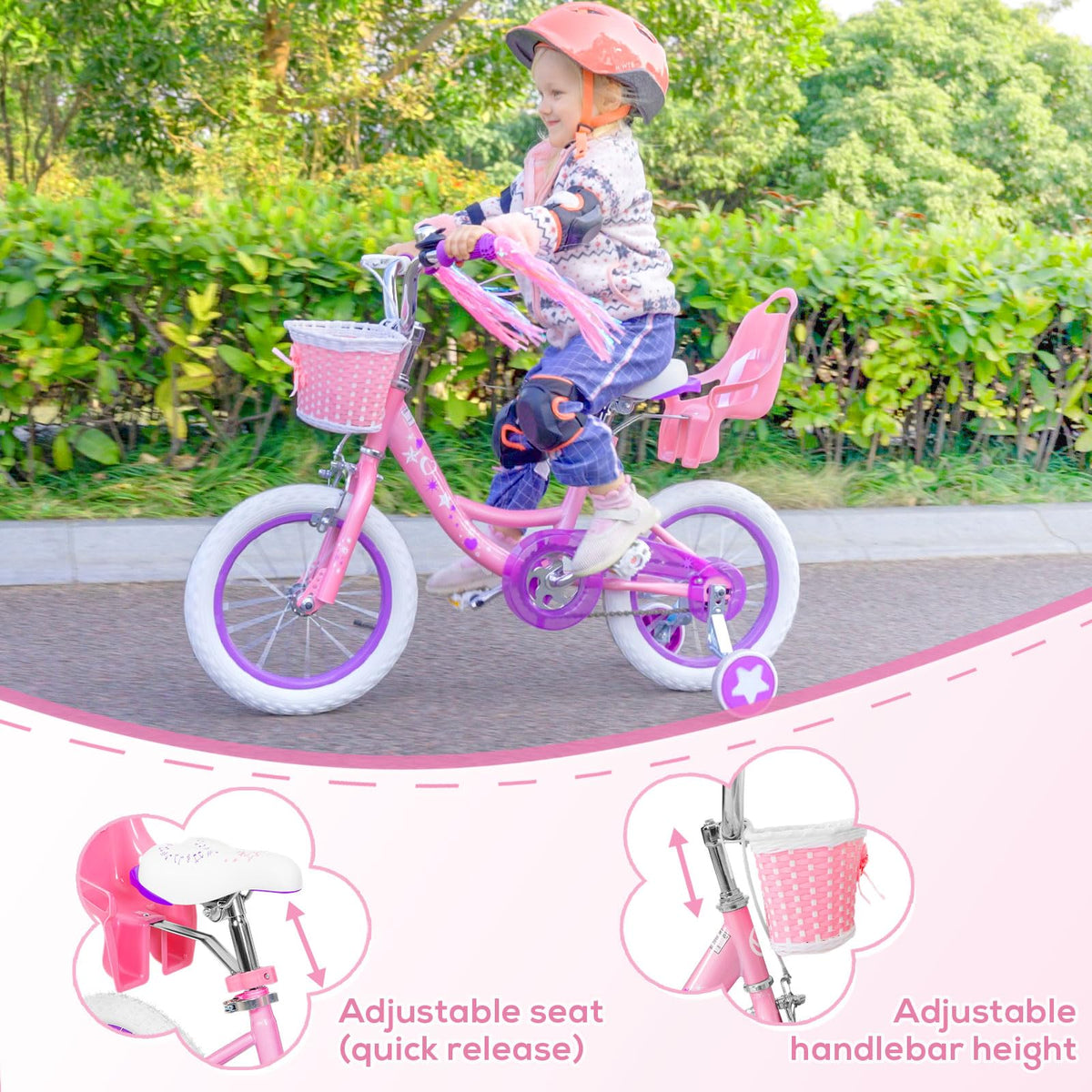WEIZE Girls Bike for 3-12 Years Old Kids, 14 16 20 Inch Kids Bike with Training Wheels, Streamers, Basket and Doll Seat, Children Bicycles with Coaster Brake, Multiple Colors