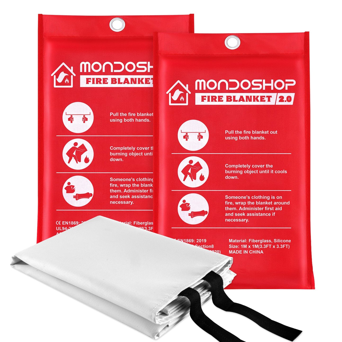 Mondoshop Silicone Fire Blanket for Home - 2Pack 40"x40" Emergency Fire Blankets for Kitchen, Fire Retardant Blankets for Car, Camping, Grill, Office, Warehouse, School, Picnic