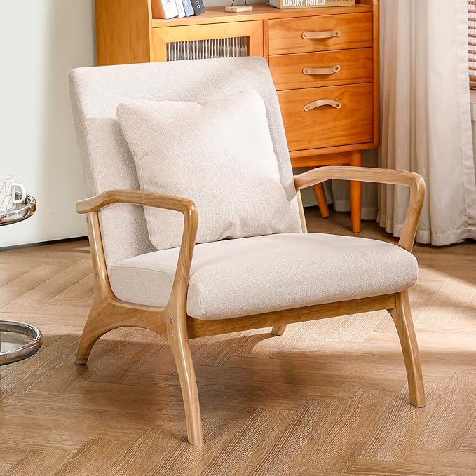 ELUCHANG Accent Chair with Lumbar Pillow,Mid-Century Modern Accent Chair Armchair, Linen Fabric Comfy Reading Chair Lounge Side Chair for Living Room Bedroom Apartment,Easy Assembly(Beige2)