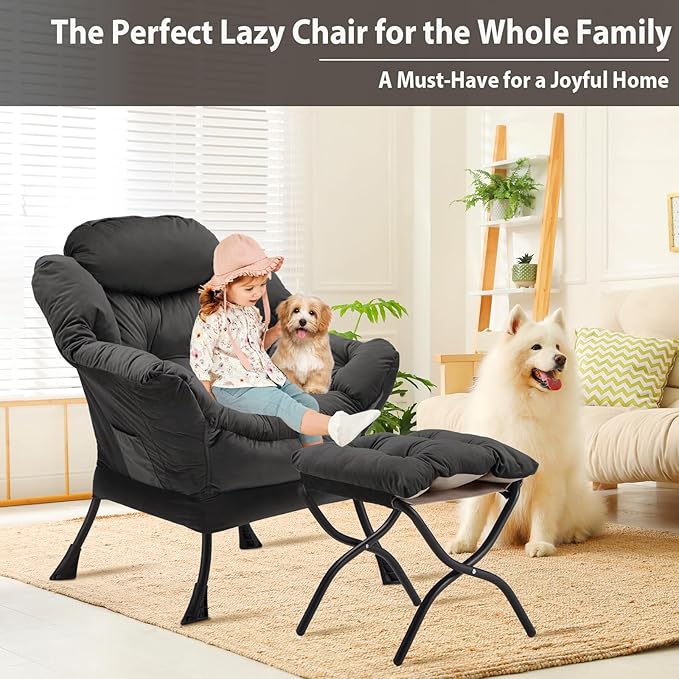 Youtanic Lazy Chair with Folding Ottoman, Accent Chair Velvet Upholstered with Metal Structure and Non-Slip Pads, Sofa Armchair with Footrest and Side Storage Bag for Dorm, Office, Charcoal
