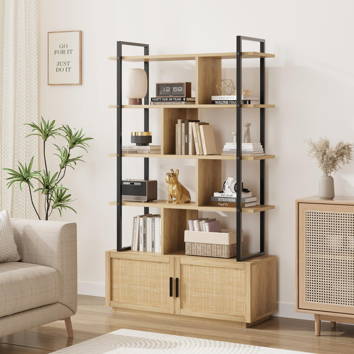 GAOMON 5 Tier Rattan Bookshelf with Storage Cabinet & Door, 71.1 Inch Tall Industrial Book Shelf with Open Display Shelves, 5 Shelf Bookcase with Metal Frame for Living Room, Bedroom -Burlywood