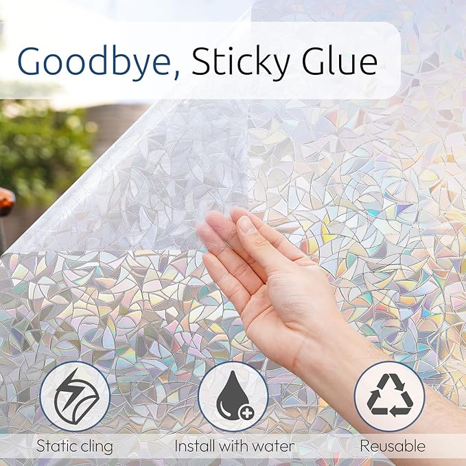 rabbitgoo Window Privacy Film Rainbow Film Decorative Window Sticker, 3D Static Stained Glass Cling Tint for Home Heat Control Non-Adhesive, 23.6 x 157.4 inches