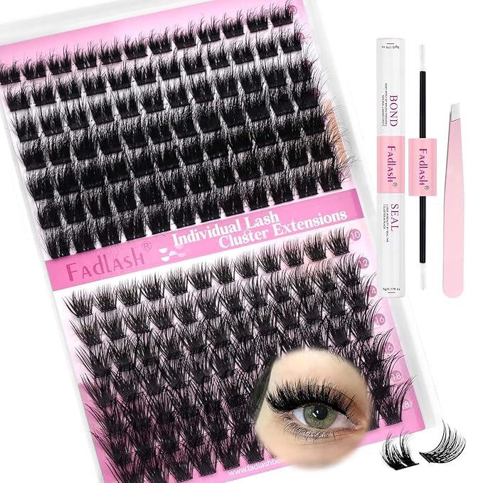 FADLASH Lash Extension Kit Lash Clusters Kit 10-18mm Eyelash Cluster Lashes with Lash Bond and Seal Lash Tweezers DIY at Home (KLS240+KLS253-07D-10-18 Kit)