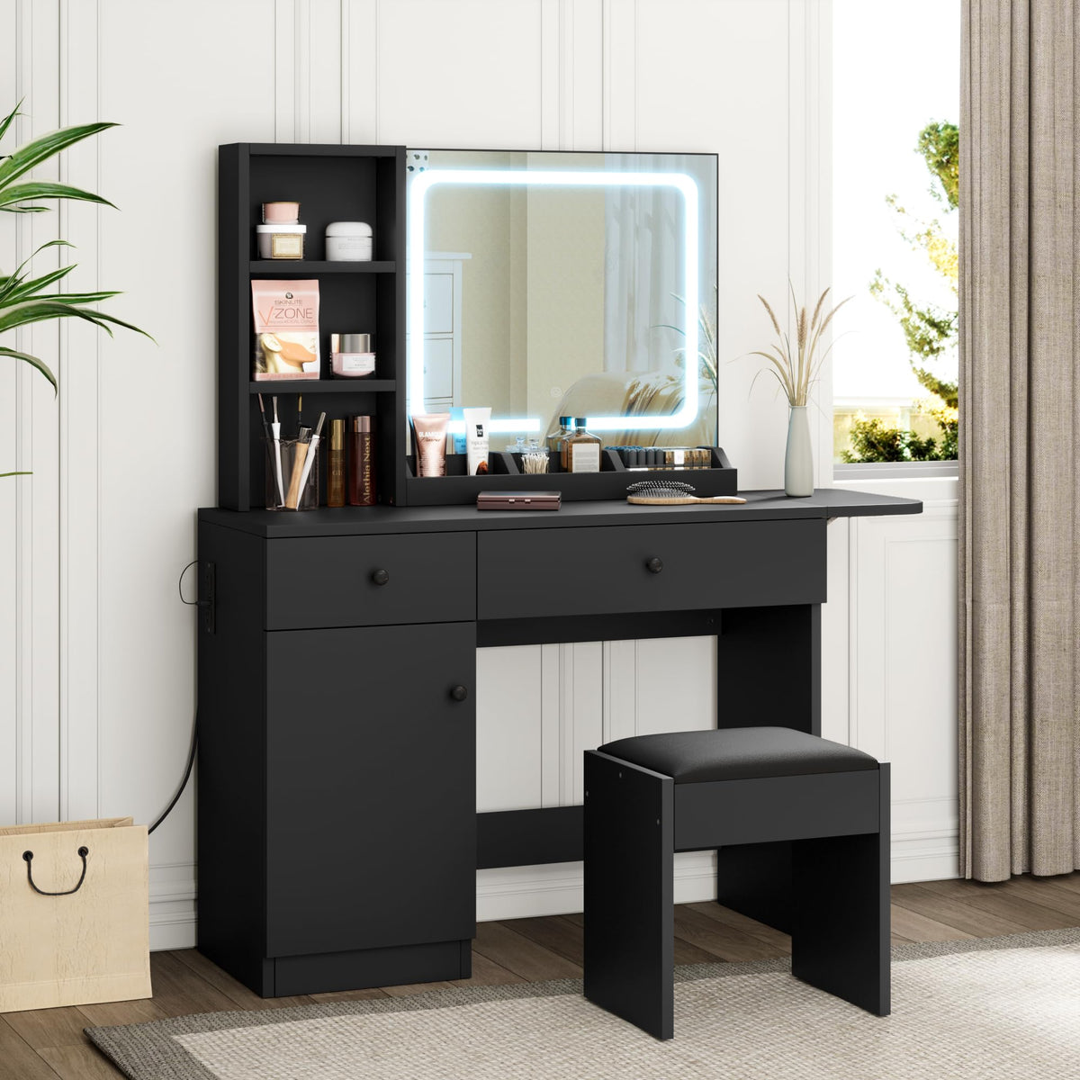 GarveeHome Makeup Vanity Desk with Mirror and Lights, Vanity Table Set with Drawer & Power Outlet ＆ Chair & 3 Shelves, Bedroom, Black