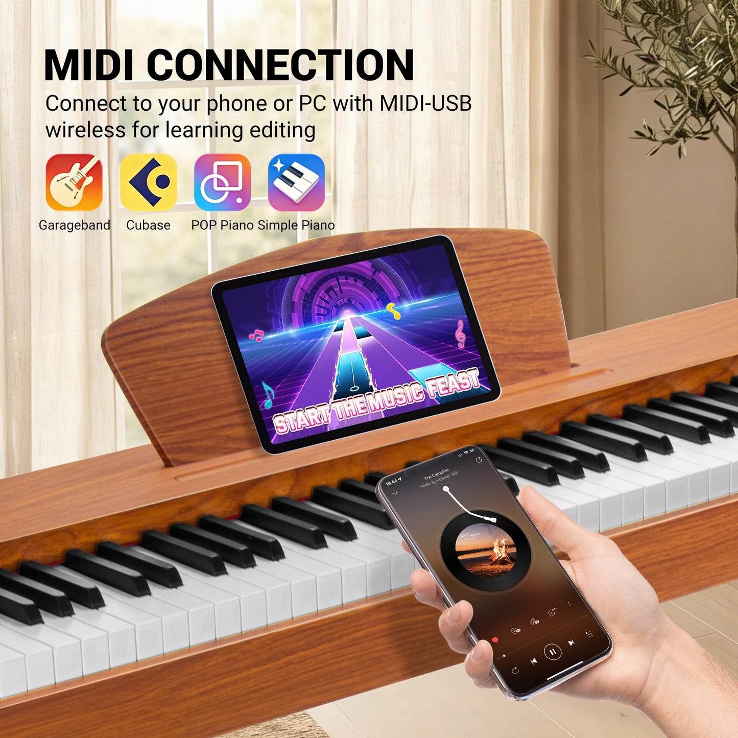 MOSEN Digital Piano, 88 Key Weighted Keyboard, Progressive Hammer Action, Electric Piano for Beginner, 128 Voices, 3-Pedal, Music Stand, Recording, USB-MIDI MP3 Connecting, MDP-88N, Wood Brown