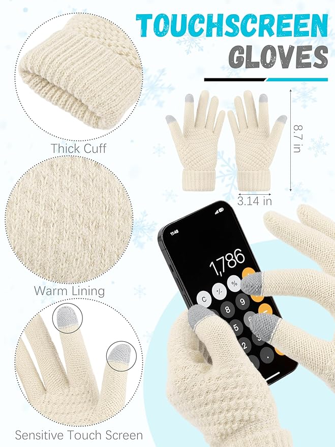 Winter Hat Scarf Gloves and Ear Warmer, Warm Knit Beanie Hat Touch Screen Gloves Set Winter Gifts Neck Scarves for Women