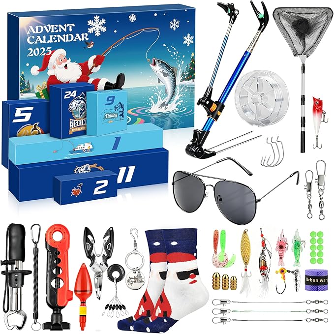 Fishing Advent Calendar 2025 for Men, 24 Days Christmas Countdown Fishing Lure Advent Calendars with Rod Holder, Landing N...