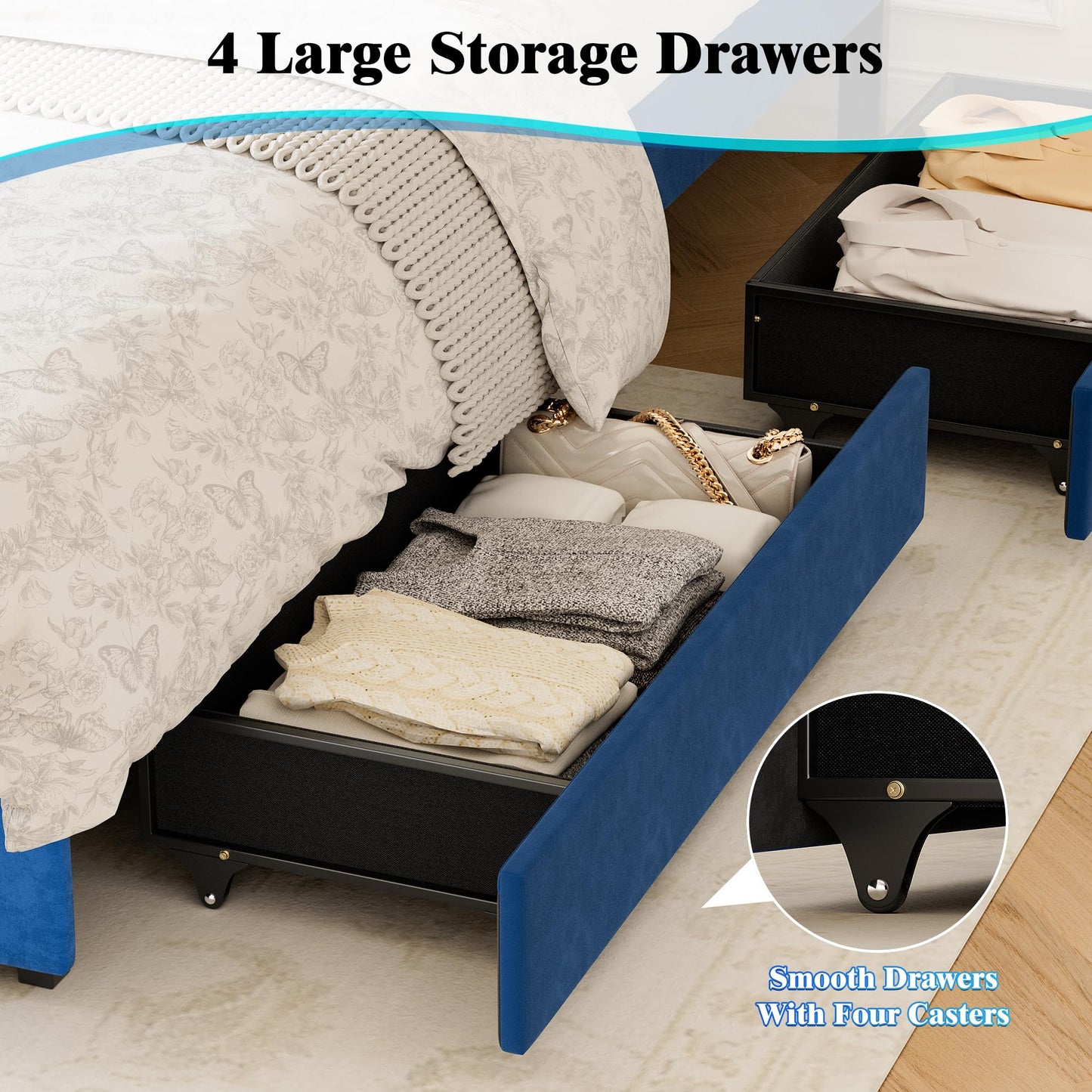 LegacyAmerhome Queen Bed Frame with Headboard, Upholstered Platform Bed Frame Queen Size 4 Drawers Storage, Metal Bed Adjustable Tufted Headboard, No Box Spring Needed, Wood Slat Support, Velvet Blue