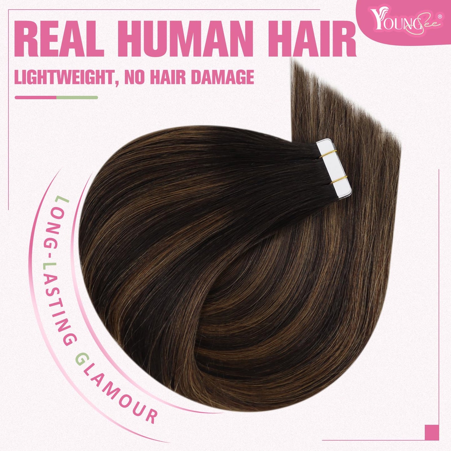 YoungSee Tape in Hair Extensions Real Human Hair Brown Tape Hair Extensions Balayage Dark Brown with Medium Brown Tapein Hair Ex
