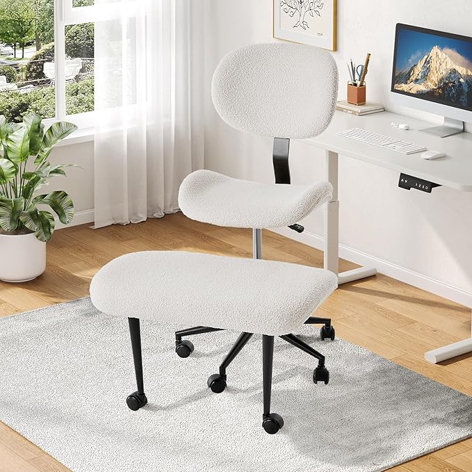 Cross Legged Office Chair with Wheels for ADHD, Ergonomic 360° Swivel Height-Adjustable Meditation Chair for Yoga, Wide Kneeling Chair with Strong Lumbar Support, Teddy Fabric, Off White