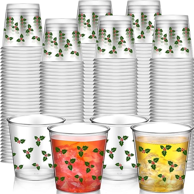 Nuogo 100 Pcs Disposable Christmas Glasses, 2.87oz Plastic Clear Holiday Glasses Mini Cups for Christmas New Year Party Gi...