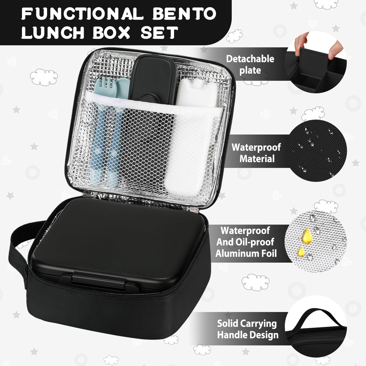 MAISON HUIS Kids Bento Lunch Box Set With 8oz Soup Thermo, Leakproof Lunch Containers with 5 Compartment, Thermo Hot Food Jar and Insulated Lunch Bag, BPA Free,Travel, School -Black (Astronaut)