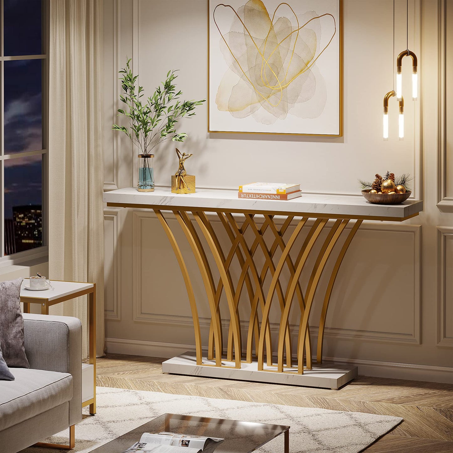 Tribesigns 59 inch Gold Console Table, Modern Entryway Table with Grid-Shaped Metal Base for Entrance, Hallway, Entryway, Living Room(White Faux Marble & Gold)
