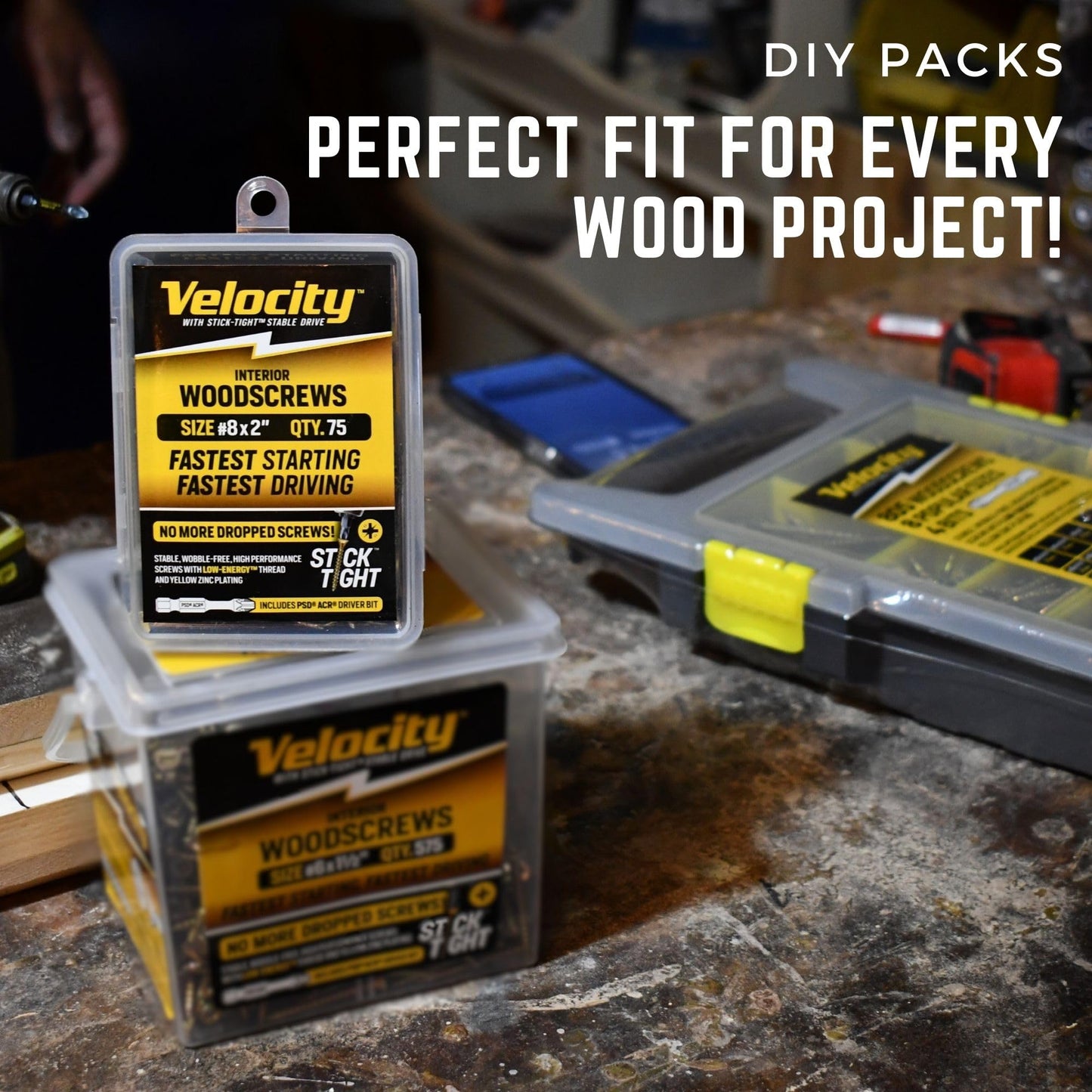 Velocity Interior 2 Inch Wood Screws DIY Pack (Size #8, 75 Pcs) – Zinc and Yellow Coating, Stick-Tight Technology, Screw for Wood Working with PSD ACR Driver Bit