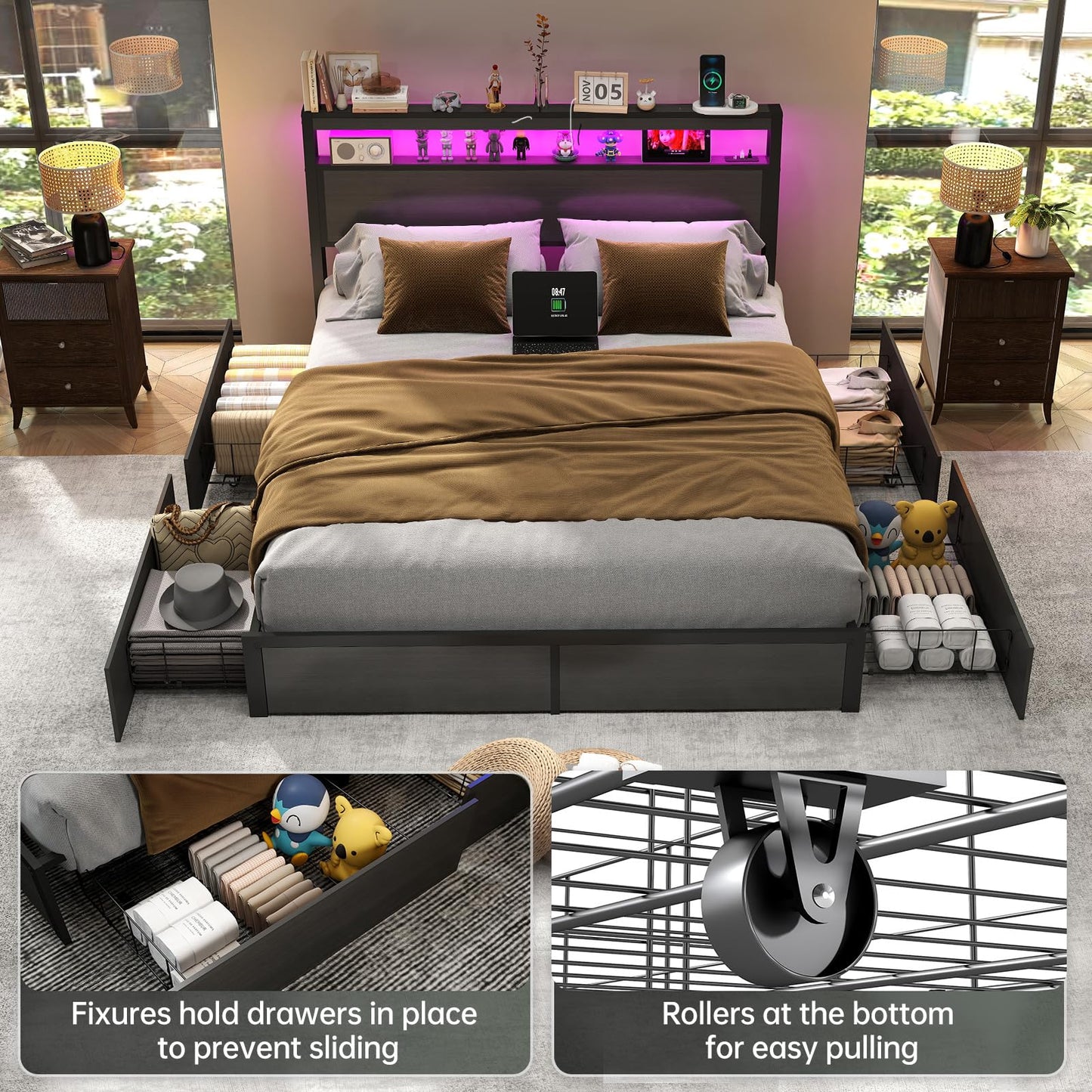 EVBFORU Queen Bed Frame with Storage Headboard and 4 Drawers, Metal Platform Bed Frame with LED Light, Charging Station, No Box Spring Needed, Noise Free, Easy Assembly, Rustic Grey