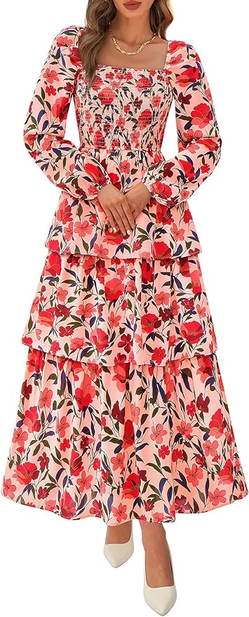 BTFBM Spring Dresses for Women 2026 Floral Long Sleeve Smocked Square Neck Ruffle Tiered Flowy Party Wedding Guest Dress