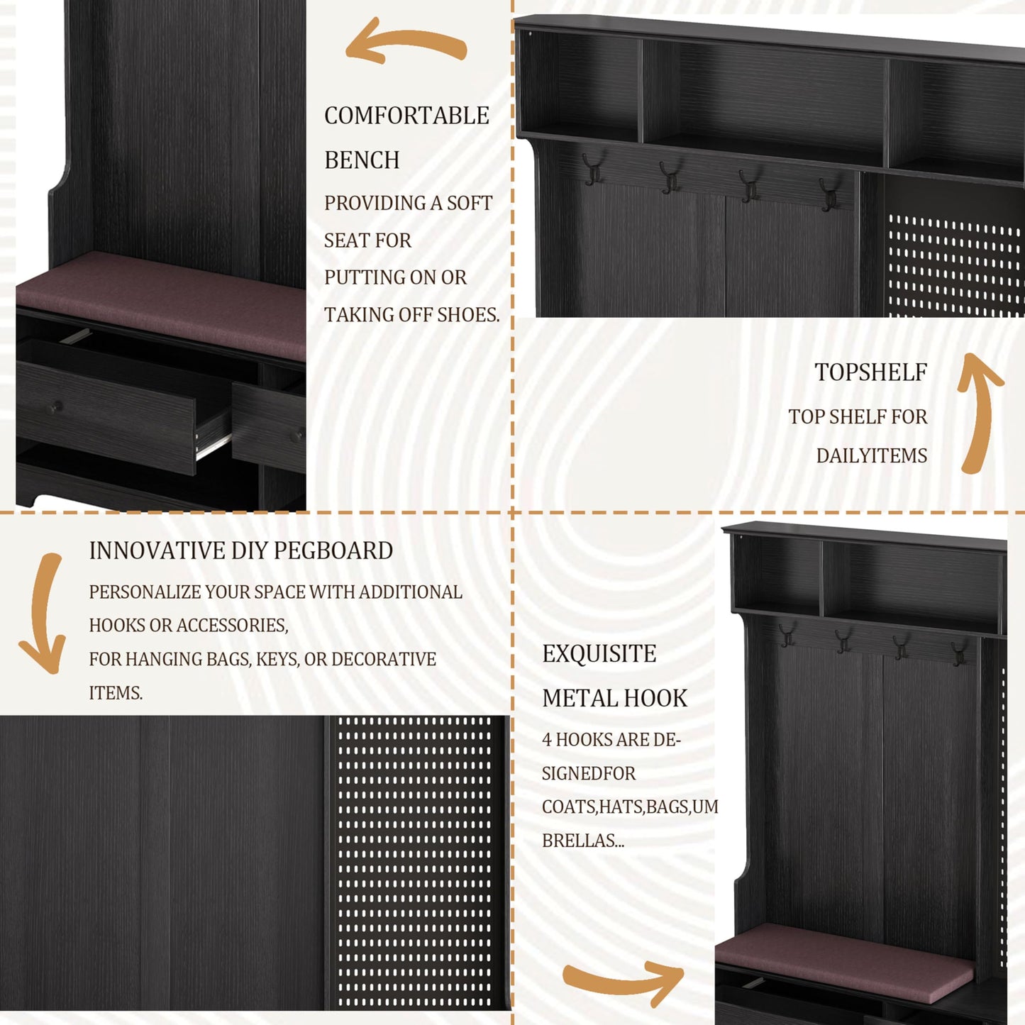 CHUNLY Multi-Purpose Entryway Hall Tree with Removable Linen Cushioned Storage Bench, Shoe Bench with Coat Rack, Storage Shelves, and DIY Pegboard for Entrance, Hallways, Foyer, Porch (Black)