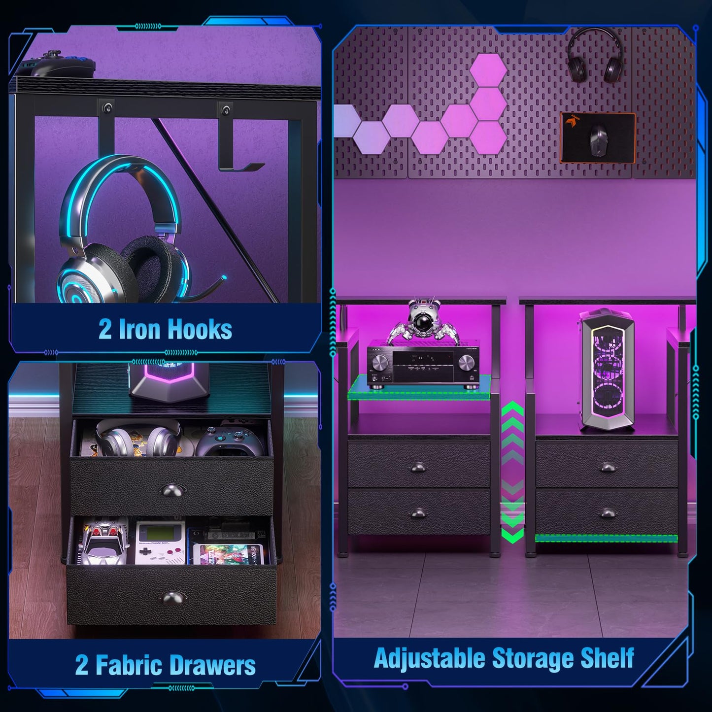 Korfile 66'' L Shaped Gaming Desk with Drawers and Storage Shelves, Reversible Corner Desk with Power Outlets and Host Stand, Large Computer Desk with Led Lights for Gaming, Work, Home Office, Black