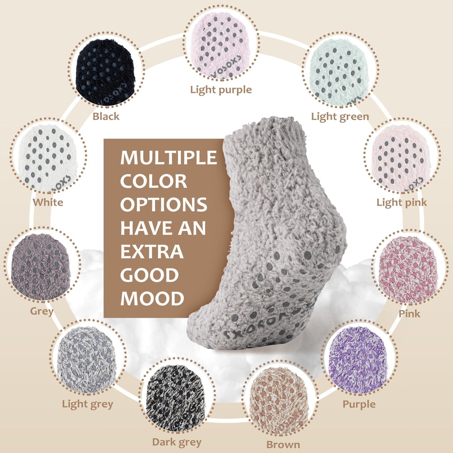 Revosoxs Fuzzy Grip Socks for Women Men,Thick Warm Slipper Cozy Fluffy Non Slip Ankle Hospital socks With Grips.（Pink+Grey+Green+Purple）