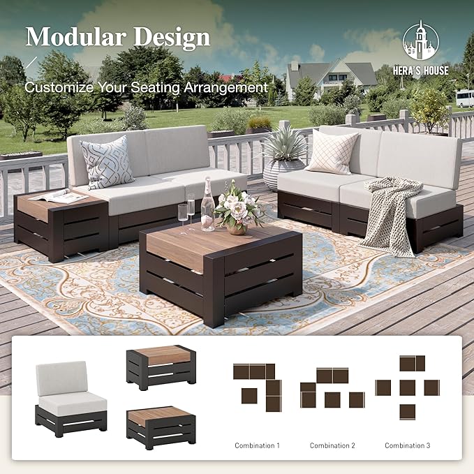 HERA'S HOUSE Metal Patio Furniture Set 6-Piece, All Weather Outdoor Sectional Sofa with Coffee Table & Side Table, 5.9" Thick Waterproof Cushions, Modular Conversation Set for Garden, Deck, Backyard