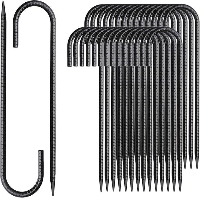 MSWY Rebar Stakes 12 Inch J Hook Ground Stakes Heavy Duty 30 Pack Chain Link Fence Stakes Galvanized Anchors Metal Tent Stakes for Wire Fencing Concrete Forming Trampolines Camping Canopies Shed Swing