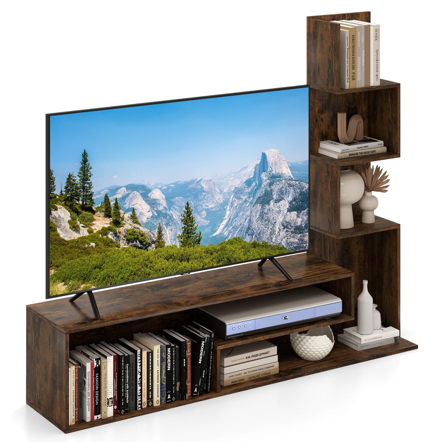 Giantex L-Shaped TV Stand for TVs up to 50", TV Entertainment Center with Storage & 3 Tier Bookshelves, Modern TV Console Table for Living Room, Bedroom, Entryway (Rustic Brown)
