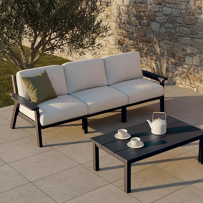 Patio Kingdom Patio Furniture Set 3 Seats, HDPE Outdoor Sectional with Washable Beige Thick Cushions, Coffee Table & Side Table, Patio Conversation Sets for Lawn, Garden, Porch, Balcony (Black Frame)