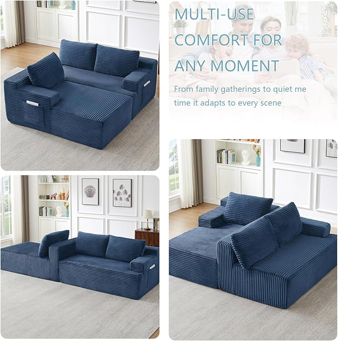 96" Cloud Sectional Couch with L-Shape Chaise, Modern Corduroy Boneless Couch for Living Room,Memory Foam Sofa with Deep Seat,No Assembly Required (Blue,Left-Facing Chaise)