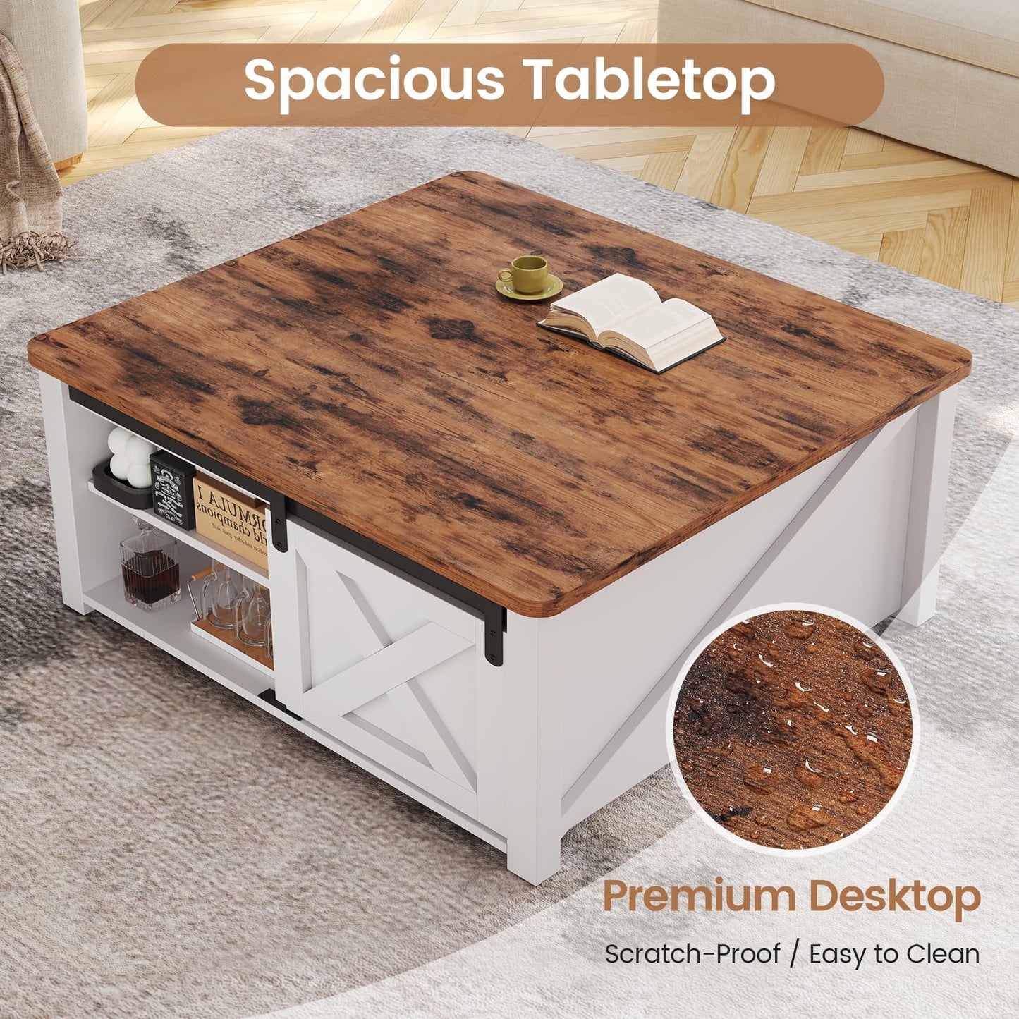 SEDETA 31.5" Lift Top Coffee Table with Storage, Square Coffee Tables for Living Room, Farmhouse Coffee Table with Large Hidden Storage Compartment and Adjustable Shelves, White