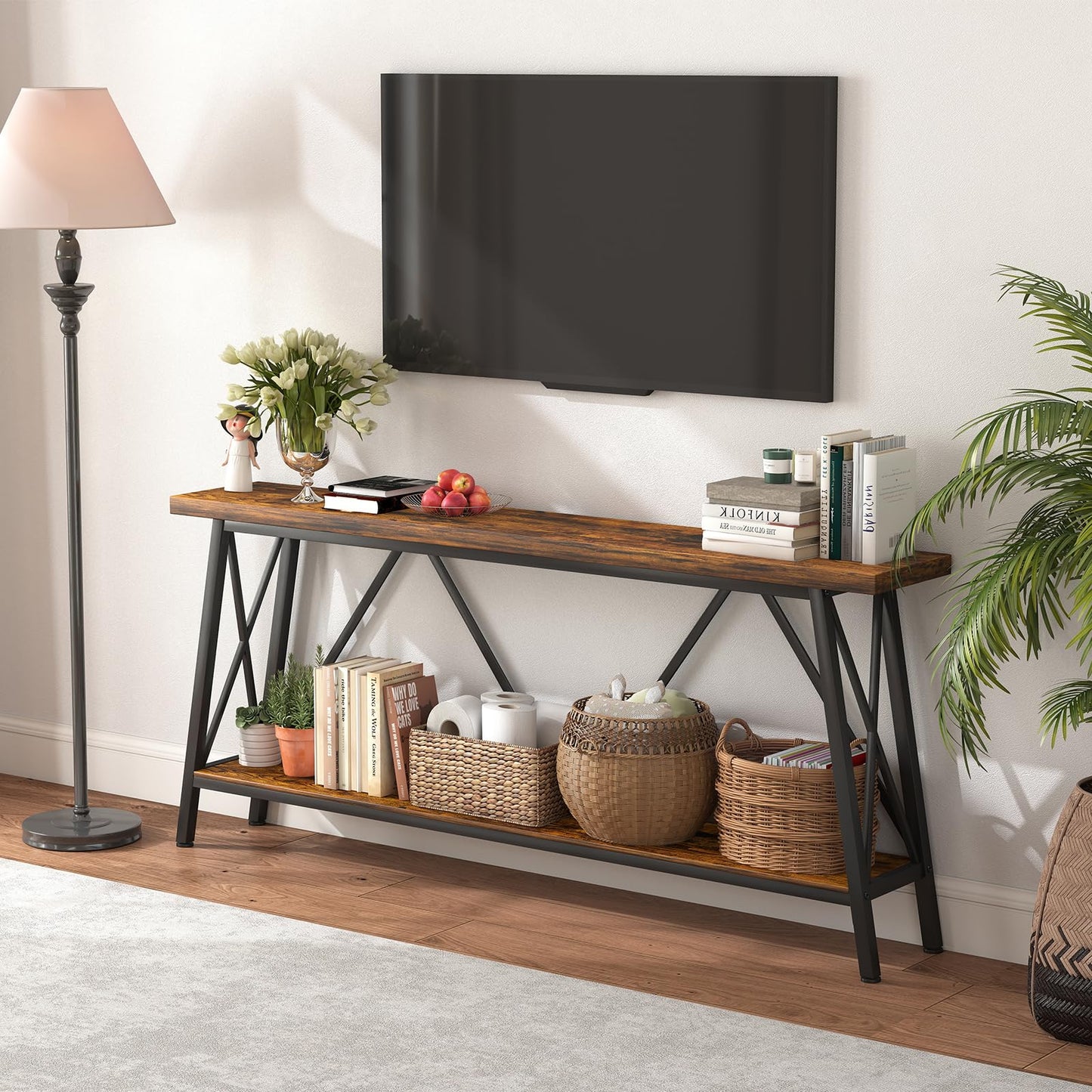 Rovibek 70.9 Inches Extra Long Sofa Table Narrow - Behind Sofa Table with X-Shaped Support, Industrial Console Table Entryway, Hallway Table for Entryway, Living Room, Brown