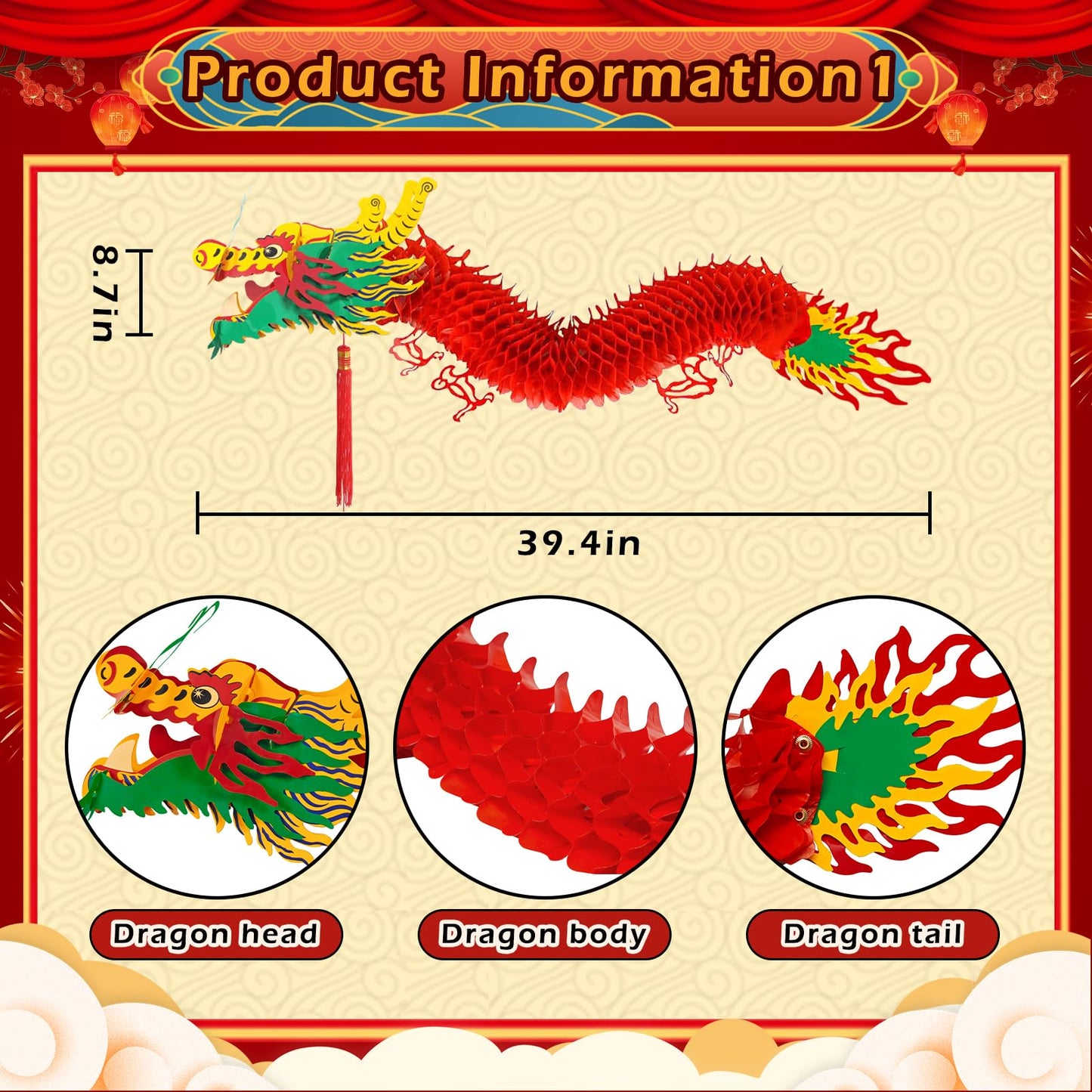 23Pcs Chinese New Year Decorations 2026 with 2 3D Chinese Dragon Decoration and 1 Red Ball and 20 Red Plastic Lanterns for Spring Festival Party Lunar New Year Decorations 2026