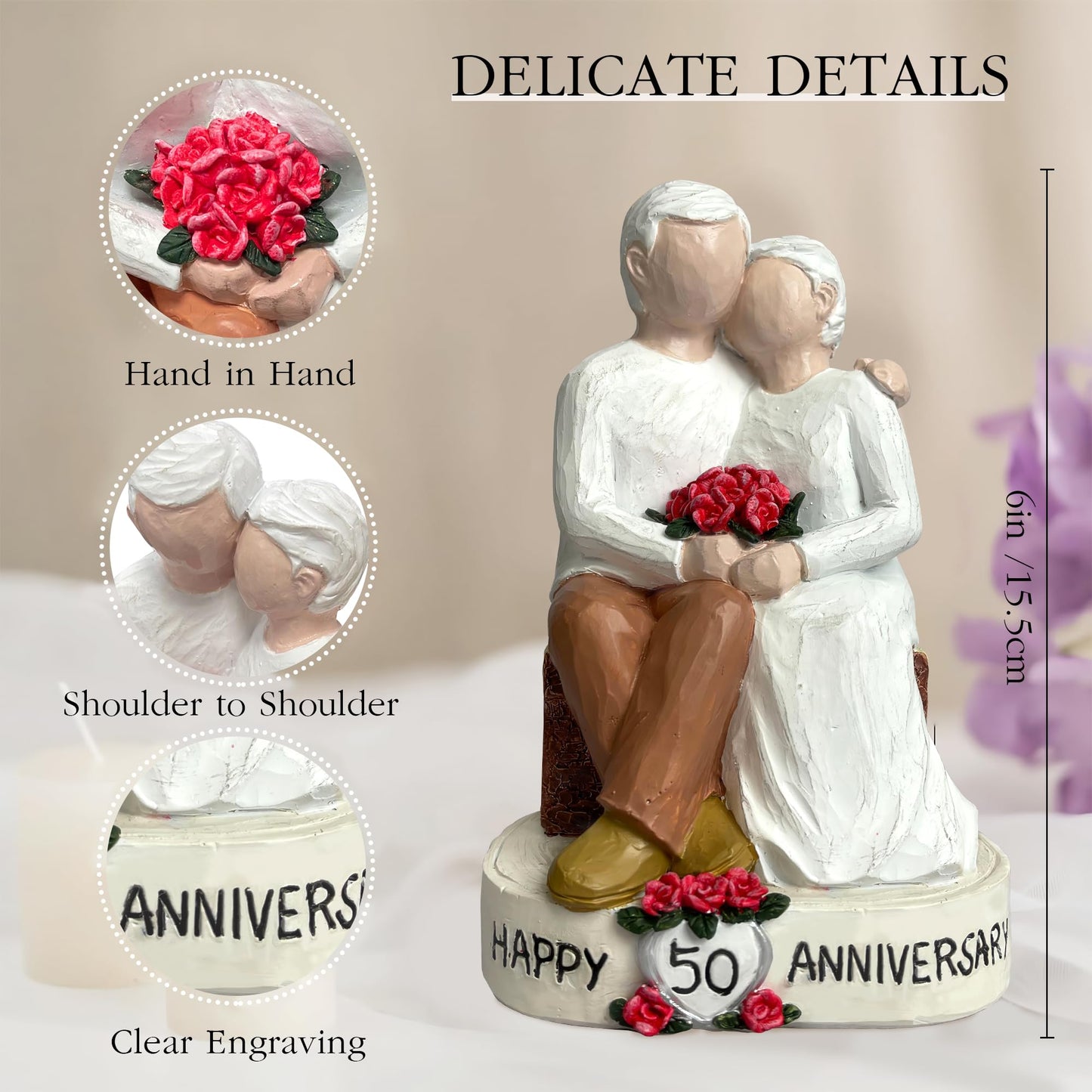 Bozspacer 50th Wedding Anniversary Couple Gifts - Loving Elderly Couple Figurines, Hand-Painted Resin Statue for Parents, Grandparents, Old Couple or 50th Marriage Anniversary, 5.9 Inch Tabletop Decor