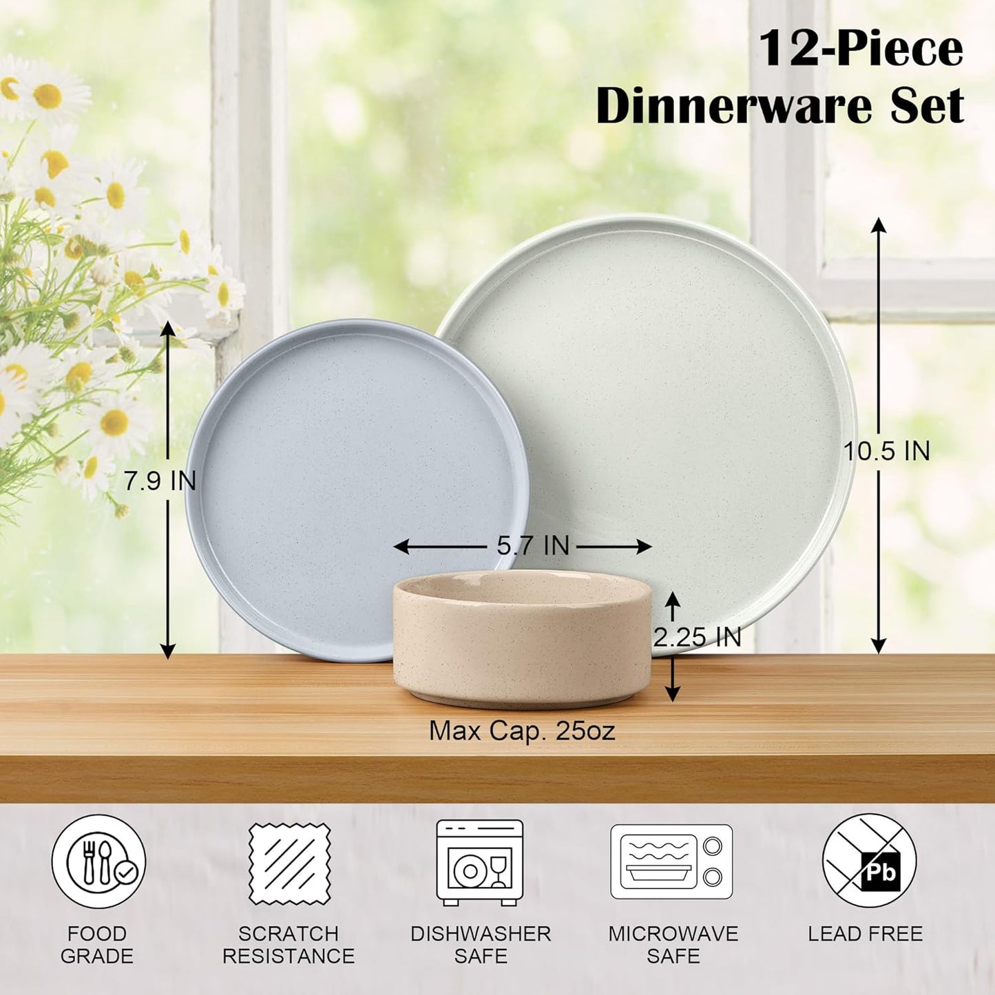 E-far Stoneware Dinnerware Sets, 12-Piece Plates and Bowls Dish Set for 4, Kitchen Modern Dinning Ware, Chip and Scratch Resistant, Microwave & Dishwasher Safe, Speckled Multicolor