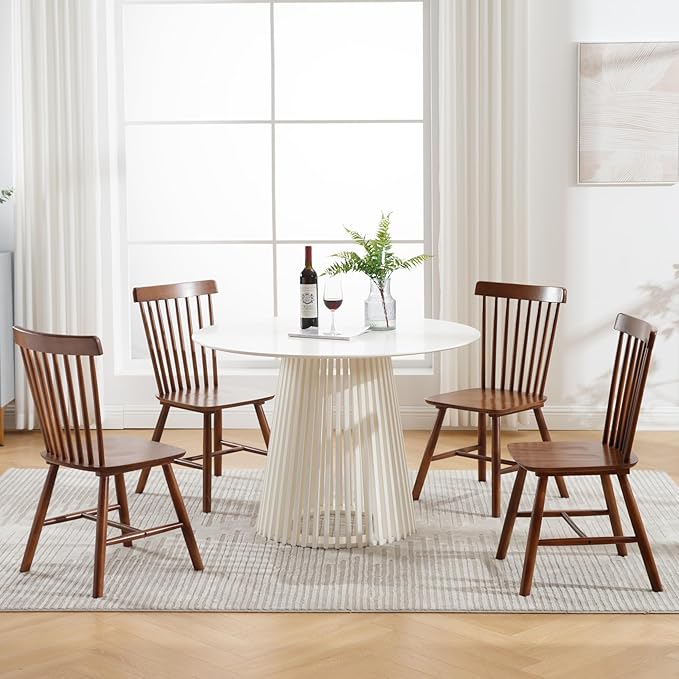 LZAREAL Windsor Dining Chairs Farmhouse Dining Chairs Set of 4 Modern Wood Kitchen Chairs Mid Century French Country Spindle Chair for Dinning Room Kitchen Restaurant Bar Canteen Library, Walnut