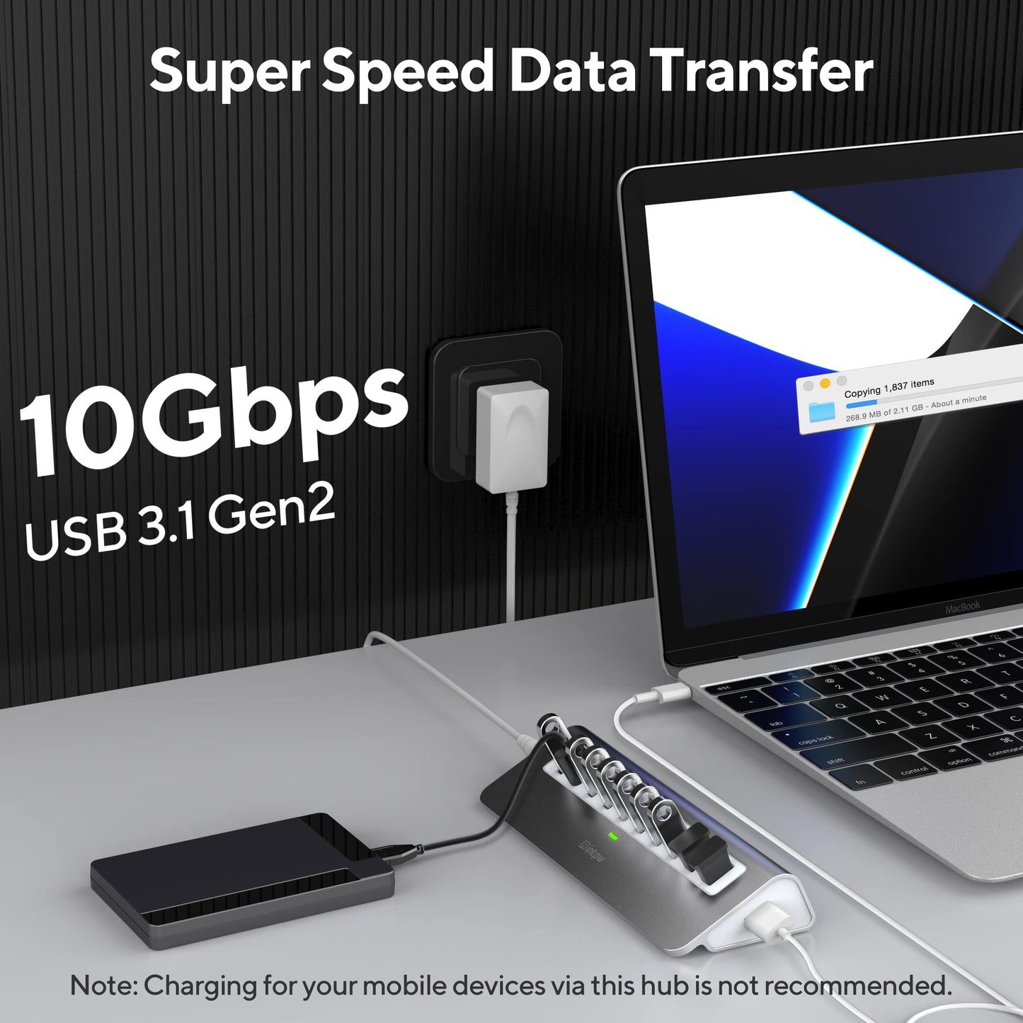 Powered Usb Hub, Intpw 10 Port Usb 3.1 Hub With 10Gbps Data Transfer, 36W(12V/3A) Power Adapter, Usb Type A And Type C Cable, Al