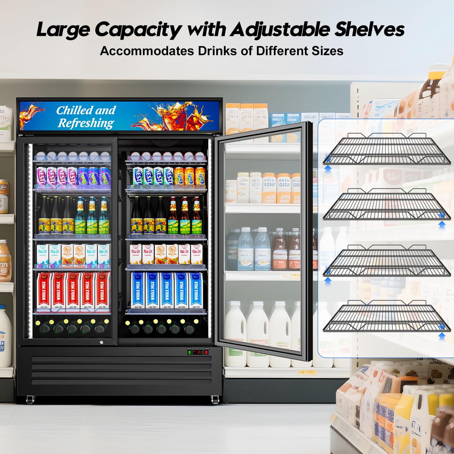 Velieta Commercial Beverage Refrigerator with 2 Glass Door, 383L Display Fridge Beverage Cooler with Customizable Lightbox Adjustable Shelves, Drink Fridge Merchandiser for Restaurant Shop, Black