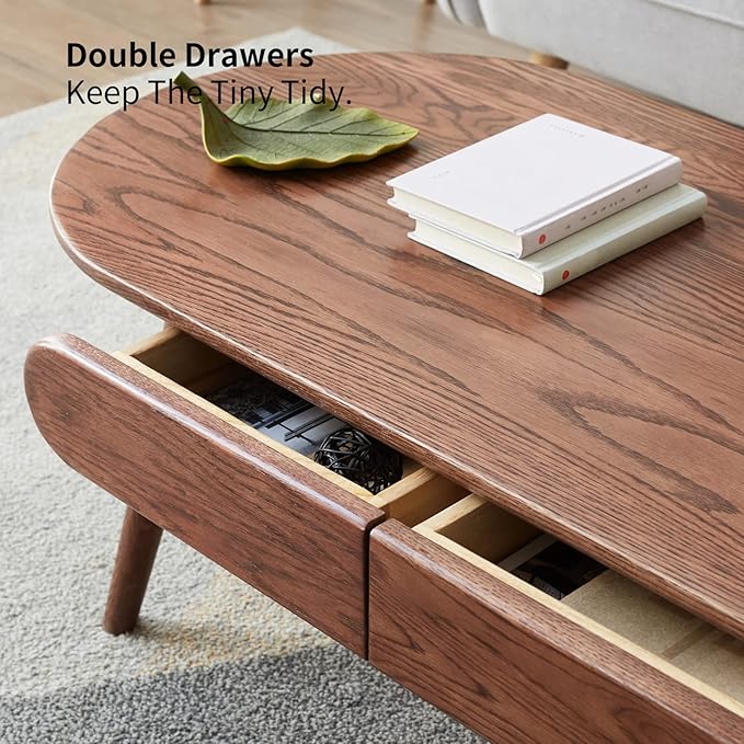 QKFF Solid Wood Coffee Table with Drawers - 100% North American FAS Grade Oak, Traditional Mortise and Tenon Craftsmanship, Low Table for Living Room & Home Office Eco-Friendly Finish
