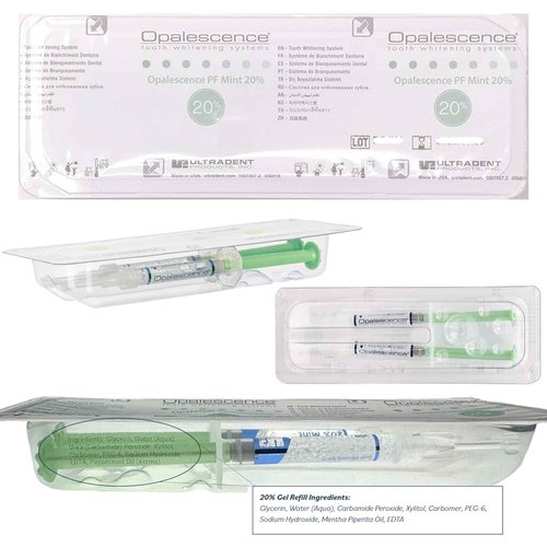 Opalescence 20% Gel Syringes Teeth Whitening - Refill Kit (8 Syringes) Carbamide Peroxide, Fluoride. Made by Ultradent, in Mint Flavor. Tooth Whitening - 5196-4