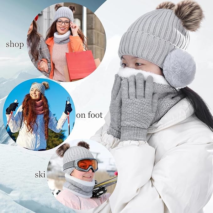 SATINIOR 5 Pcs Winter Hat Scarf Gloves Set Fleece Warm Lined Knit Beanie Hat Touch Screen Earmuff Gloves Warmer for Women(Grey,Cute Style)