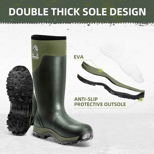 TerraTrax Men's Waterproof Insulated Rubber Hunting Boots – 6mm Neoprene Rain Boots for Outdoor Work, Fishing, Farming & Gardening Green Size 9